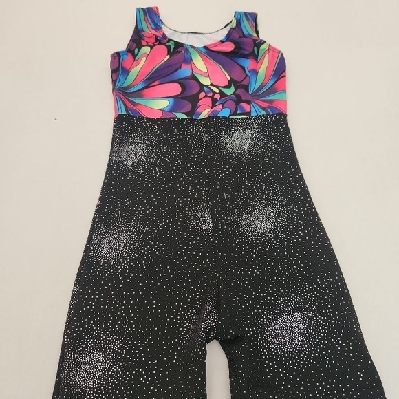 Kids Unitard Multicolor Pink Black Sleeveless Shorts Sparkle Gymnastics Athletic - Picture 3 of 7